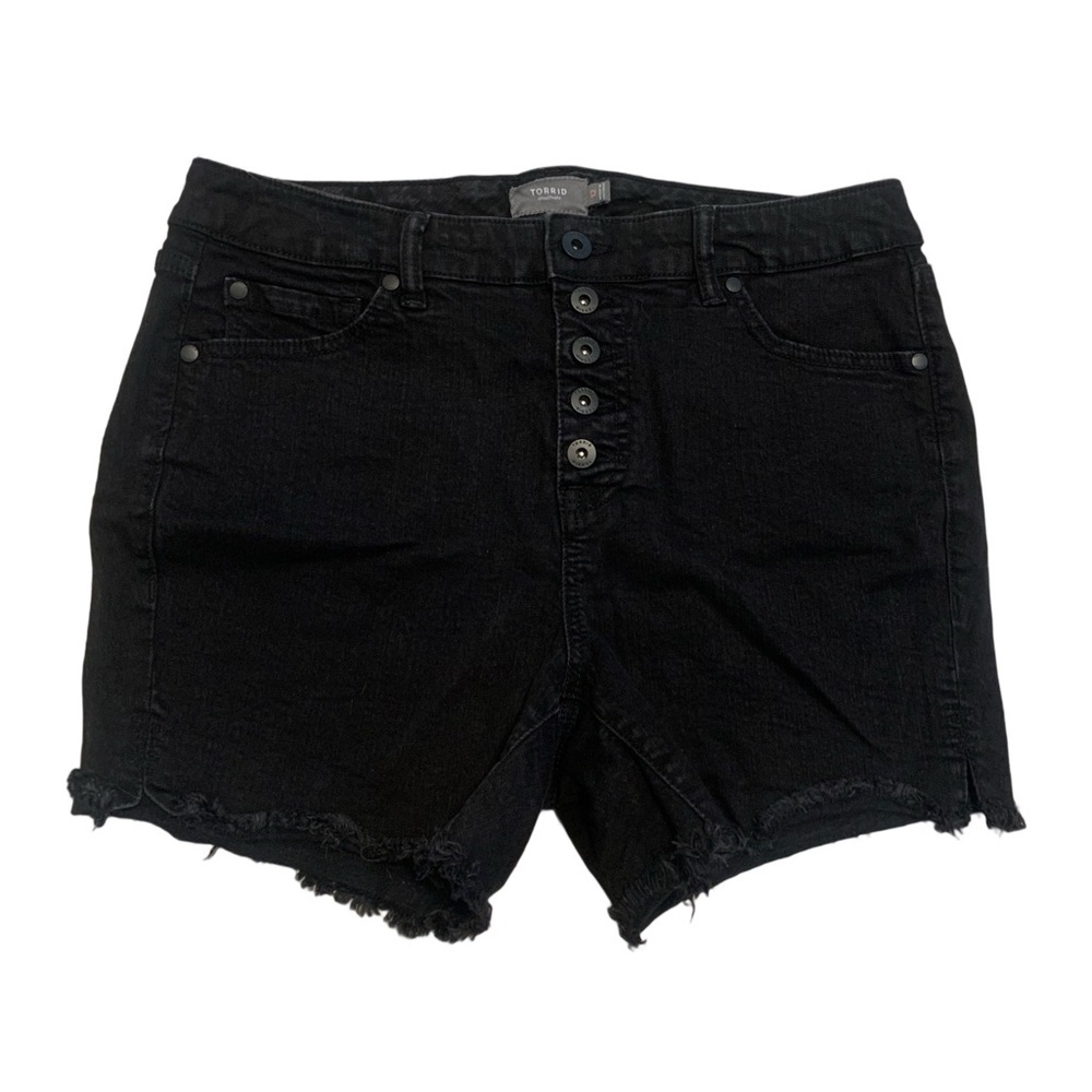 💜 Torrid Black Denim High Rise Button Fly Frayed Hem Shorts Size 12